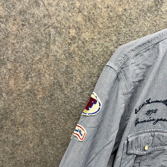 Phat Farm Shirt Men XL Gray Striped Pearl Snap Embroidered Patches Motorcycle - Picture 10 of 11
